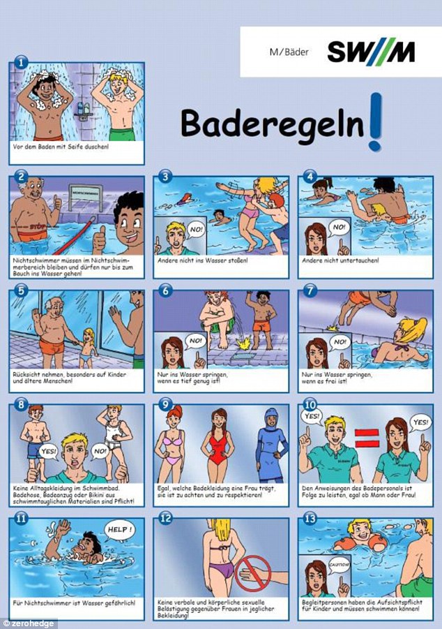 The leaflets in public swimming pools ask migrants not to wear underwear instead of swimming trunks, harass women, or push them in the water