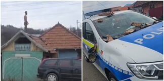 VIDEO A avariat mașina polițiștilor și a cerut dedicații cu manele! Tânăr din Agăș, reținut după un protest neobișnuit pe acoperișul unei magazii